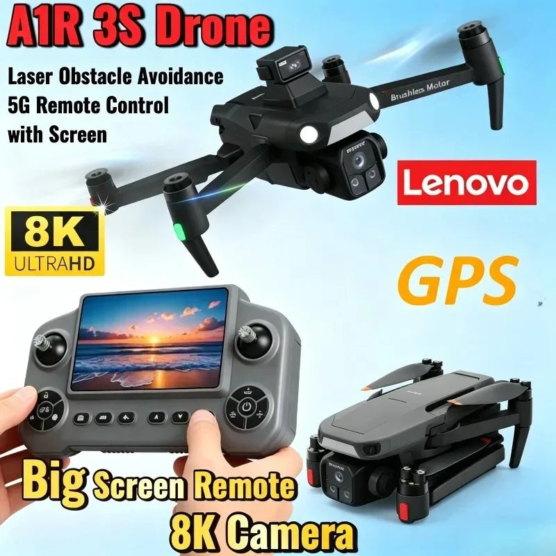 Folding Drone Lenovo A1R 3S, Large Screen Remote Control Camera Aerial FPV, Professional 8K GPS, Brush power Laser Obstacle.