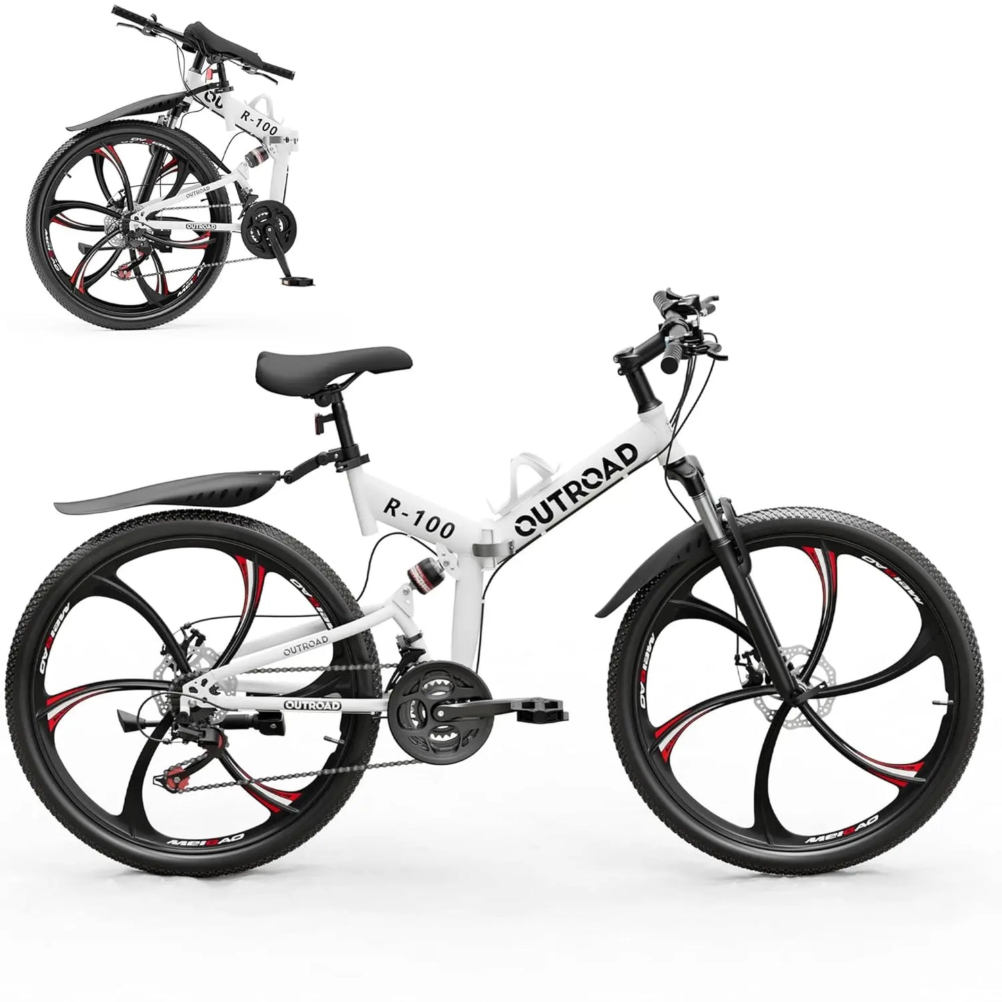 Outroad 26 Inch Folding Mountain Bike, 21 Speed Full Suspension High-Carbon Steel MTB Foldable Bicycle, Dual Disc, Customized