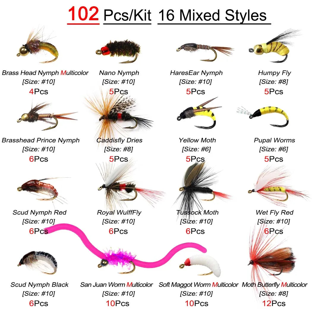 Trout Fishing Flies Set, 40/102Pcs- Handmade Fly Fishing Lures with Carbon Steel Hooks With Flies Box