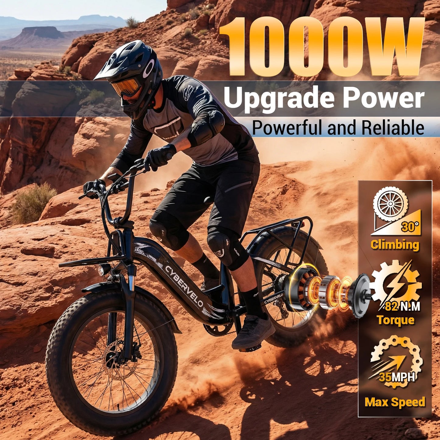 Cybervelo New arrival 20" Off-Road Sports E-bike, 1000W Peak 20ah Battery, 80 Miles Long Range 7-Speed Shift Electric Bike EK8