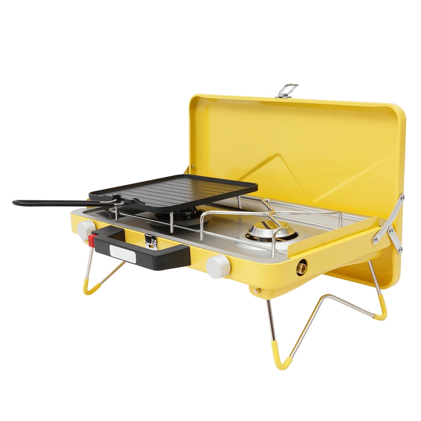 Dual Burner Outdoor Gas Stove 2×3500W Folding Portable Camping Stove Windproof Piezo Ignition Stainless Steel Cooker with Non-stick Tray for Picnic Hiking