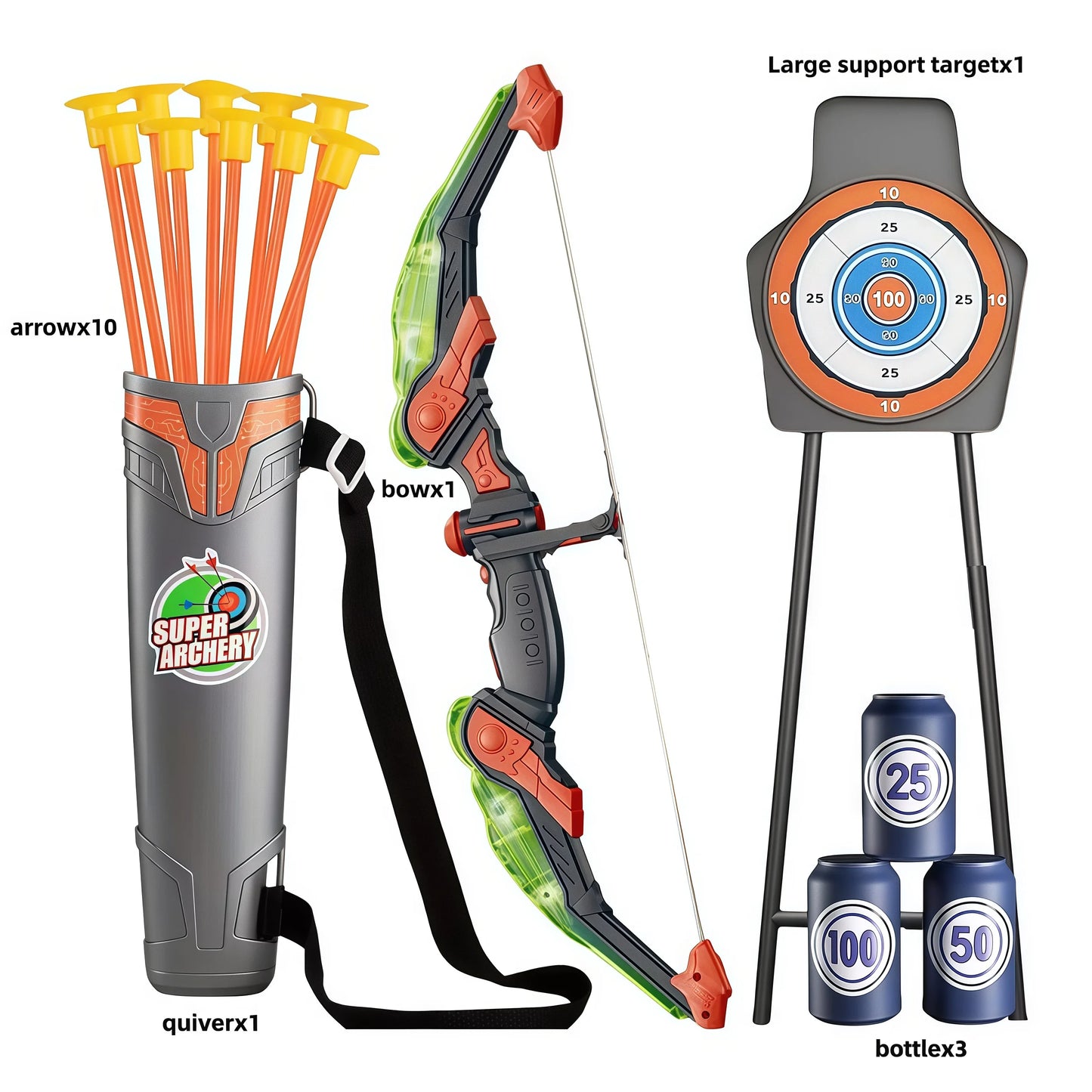 Bow and arrow set for kids, LED light archery playset, 10 suction cup arrows, big support dartboard, birthday gifts for boys