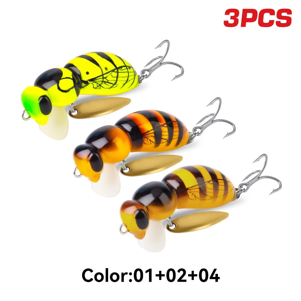 Kingdom Floating Crankbait Fishing Lure 35mm 3.9g, Insect Wasp Beetle Hard Bait with Treble Hook & Spinner Blade, Topwater Bass Lure for Freshwater Fishing, Trout, Perch and Predator Fish