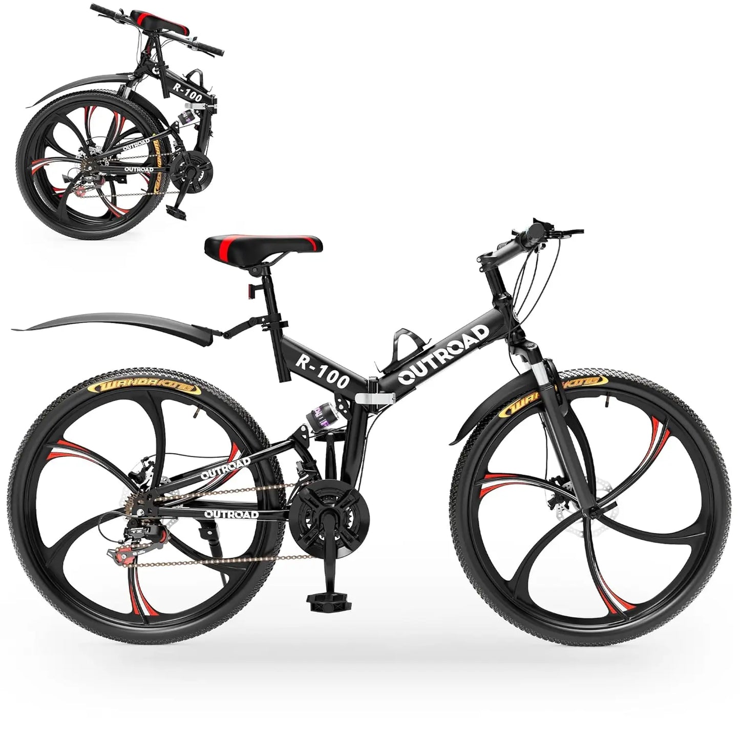 Outroad 26 Inch Folding Mountain Bike, 21 Speed Full Suspension High-Carbon Steel MTB Foldable Bicycle, Dual Disc, Customized