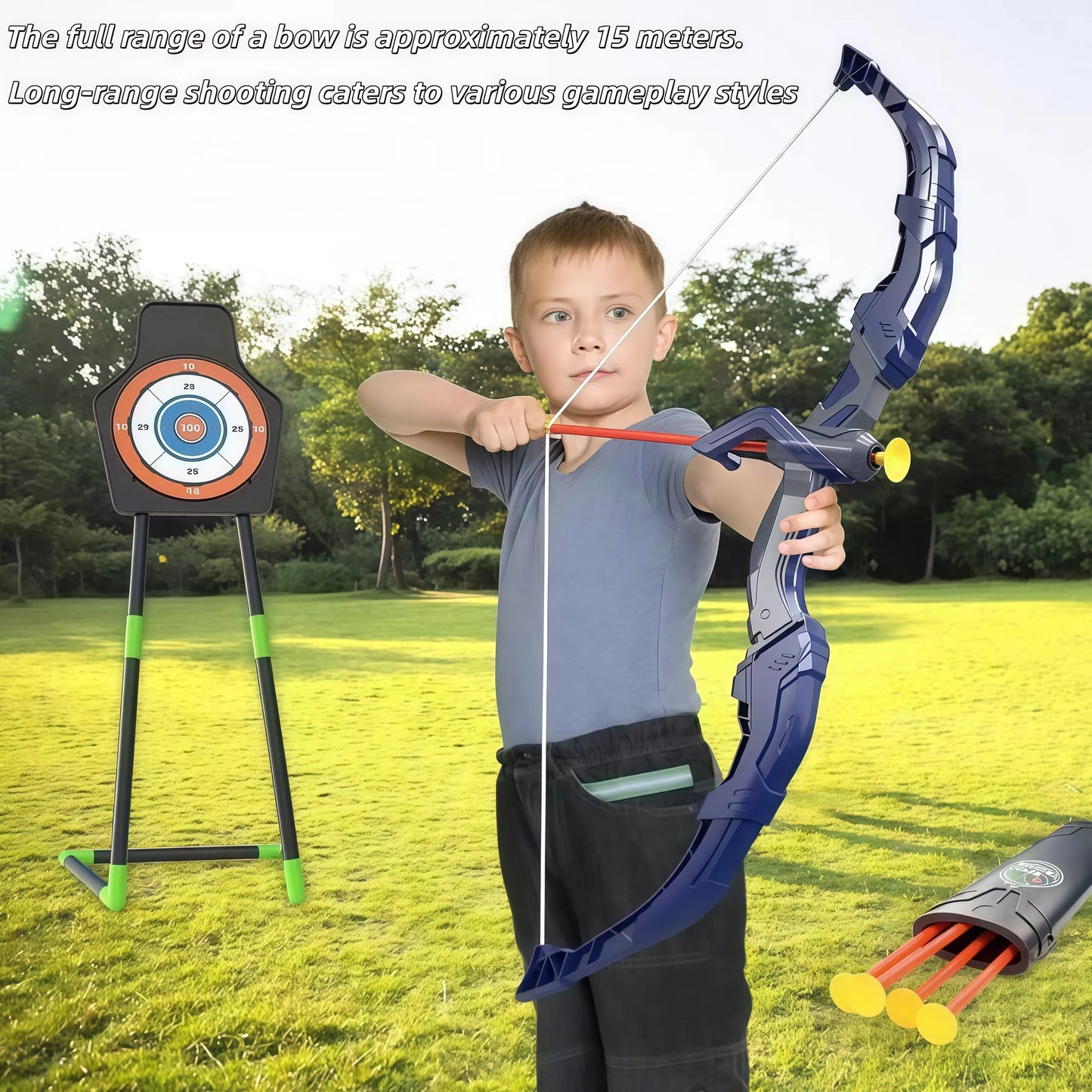 Bow and arrow set for kids, LED light archery playset, 10 suction cup arrows, big support dartboard, birthday gifts for boys