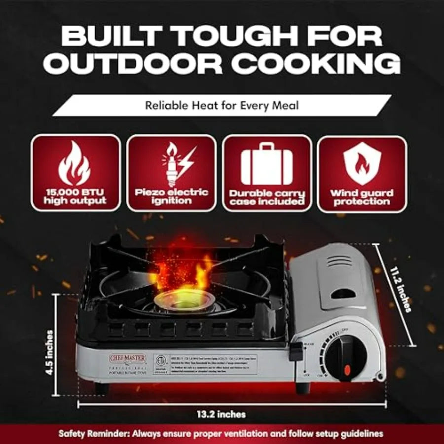 Portable camp stove for emergencies, tailgating, hiking, backpacking camping: 15, 000 BTU butane burner with double wind-guard