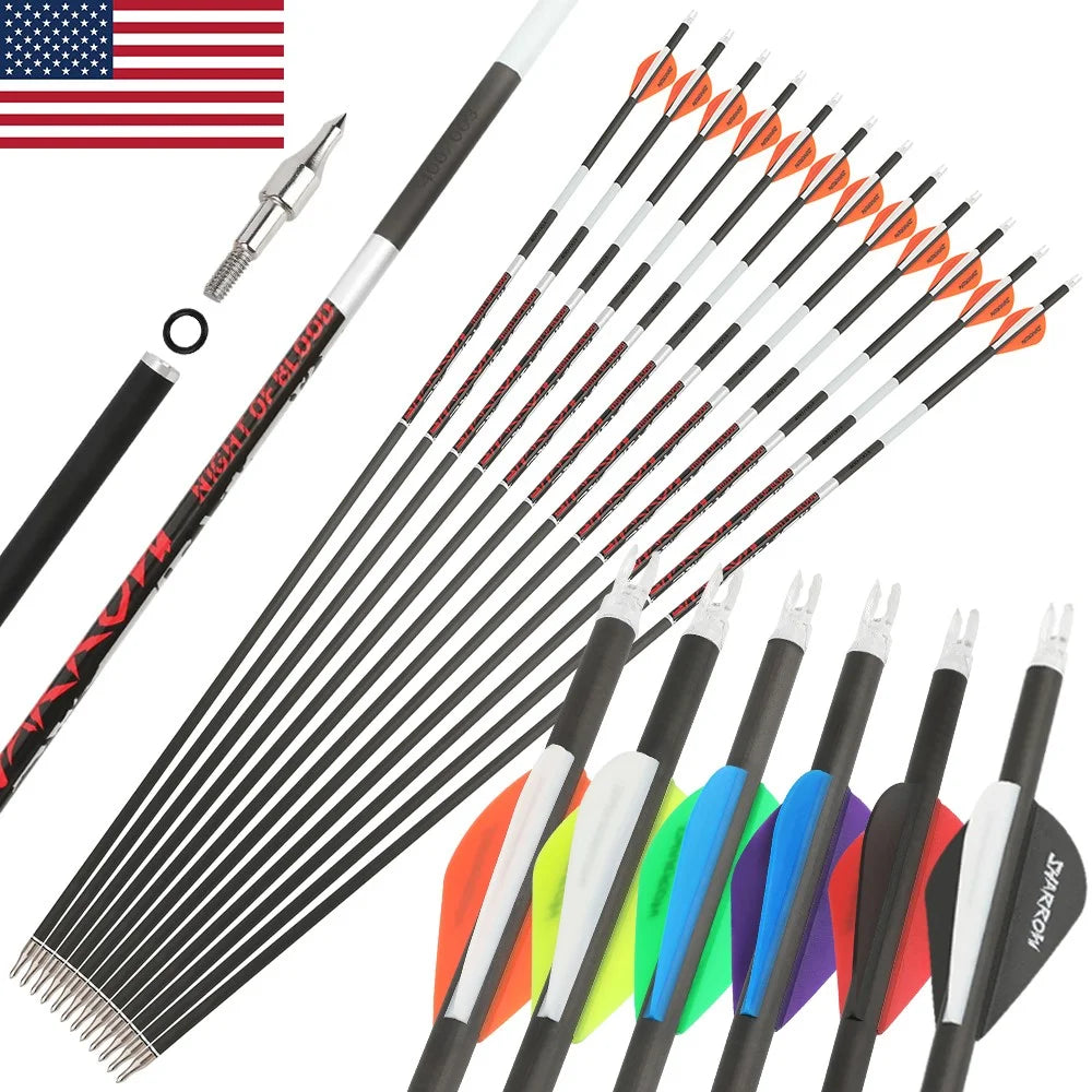 Pure Carbon Arrows 12Pcs Multi-Spine 300/400/500 ±0.003" Straightness 6.2mm ID for Recurve & Compound Bow Practice & Hunting