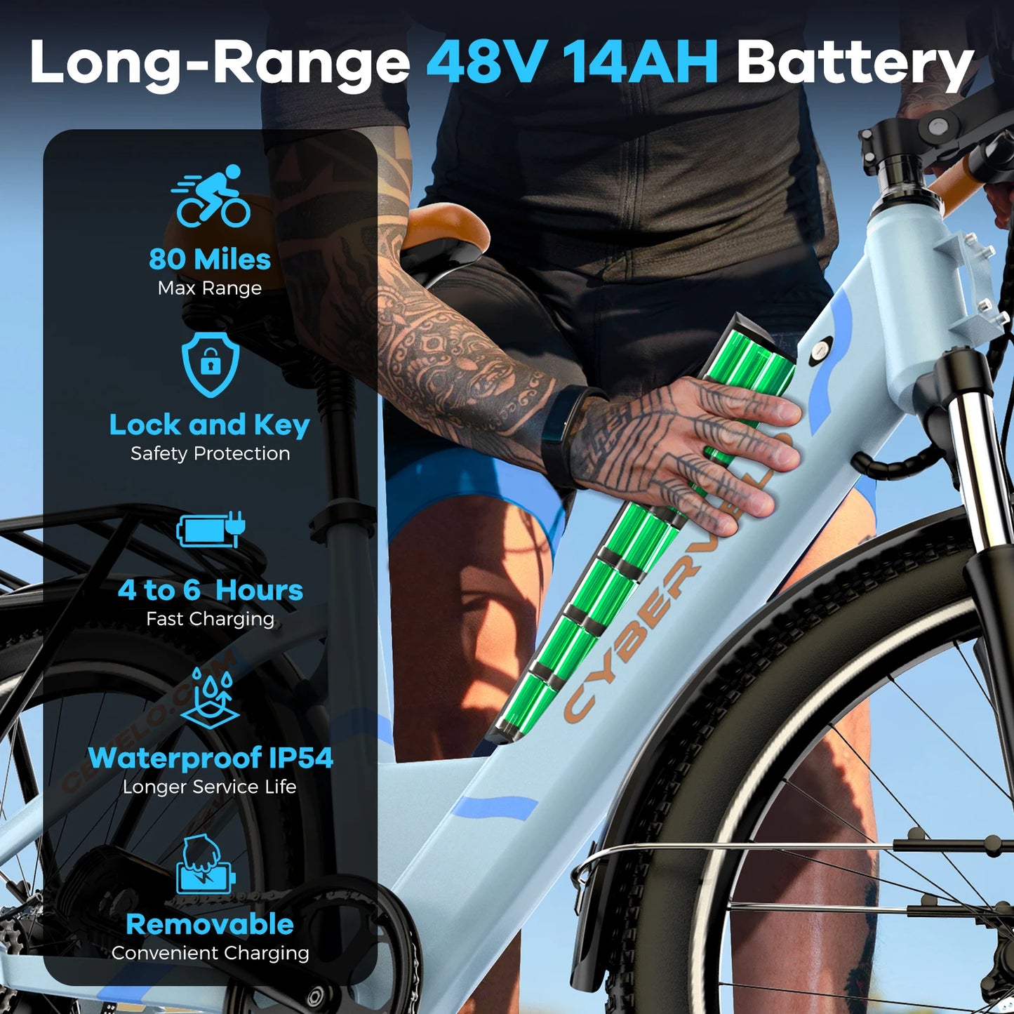 Cybervelo Urban Commute E-Bike 48V 1000W Peak Motor Detachable Battery 7-Speed Shift Electric Bike 26" Step-Thru Adults EK2