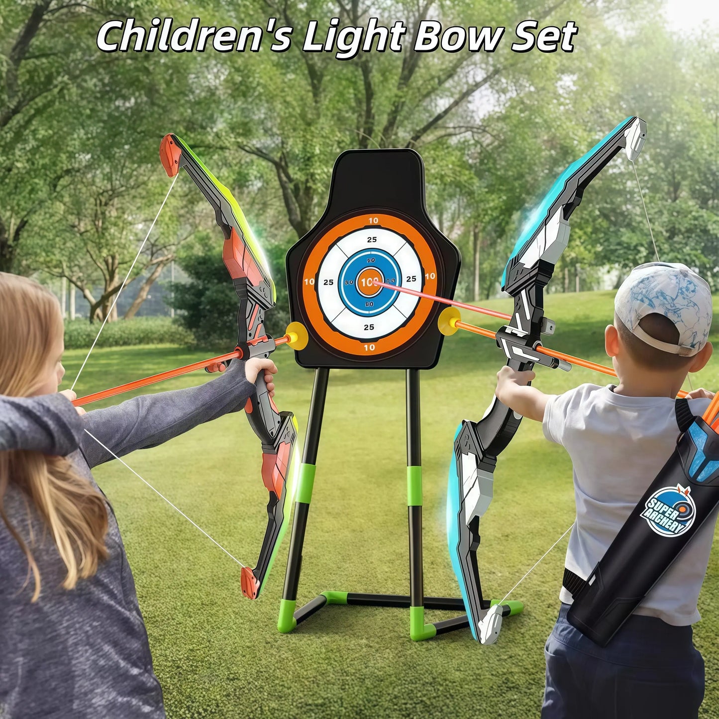 Bow and arrow set for kids, LED light archery playset, 10 suction cup arrows, big support dartboard, birthday gifts for boys