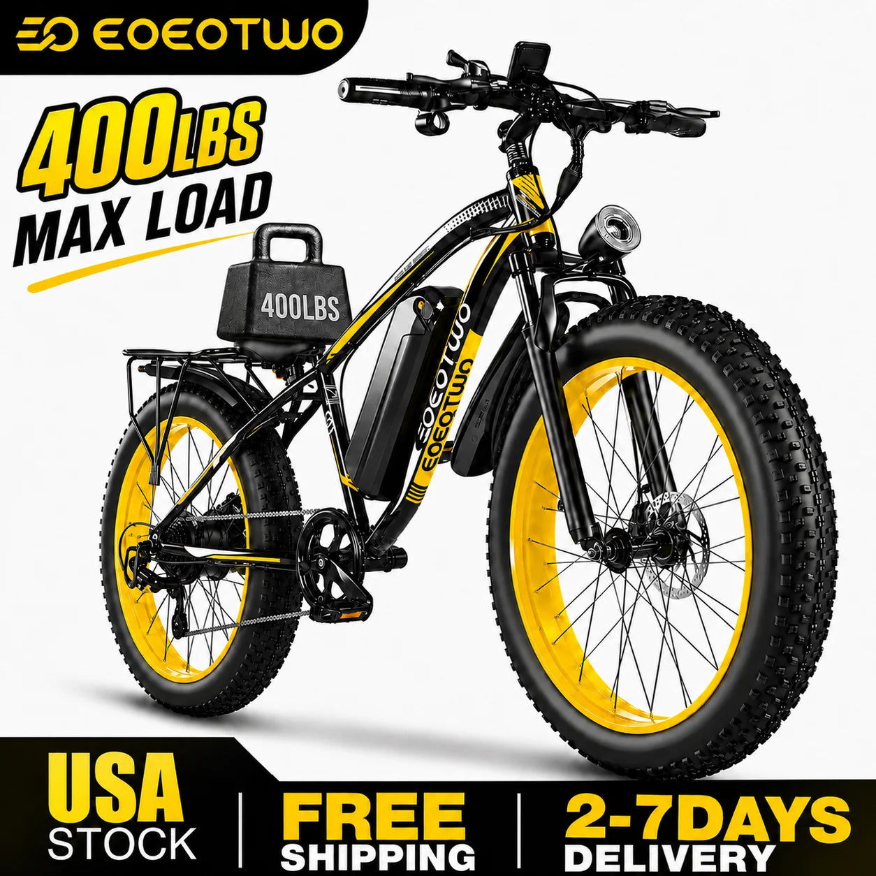 EOEOTWO Heavy Duty Ebike, 400 LBS Capacity, 65Nm High Torque, Front Suspension, Rear Rack, 5 Riding Modes, Phone Holder with Charging