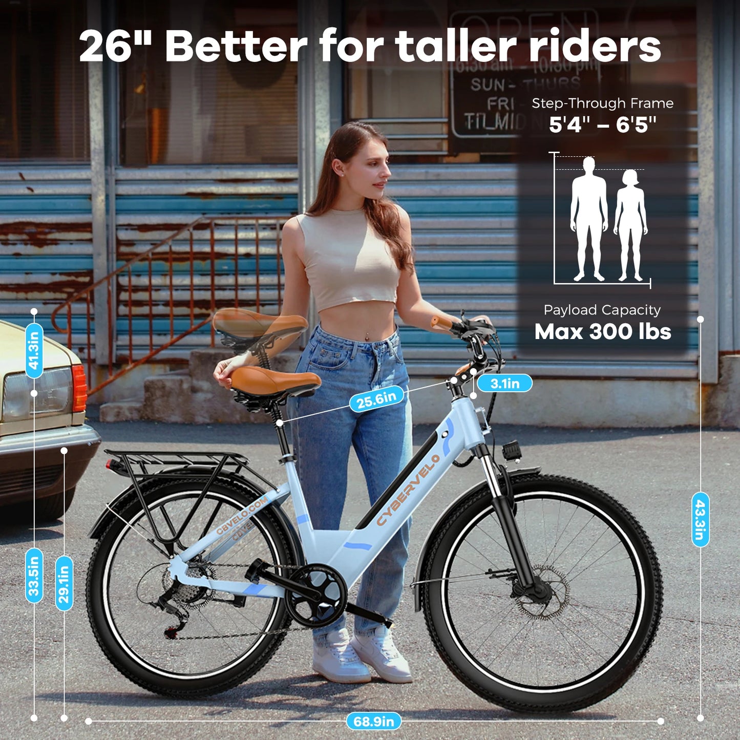Cybervelo 1000W Peak 26" Electric Bike Adults 80Miles Removable Battery 7-Speed Ebike Beach Snow Commute E Bicycle for Men Women EK2