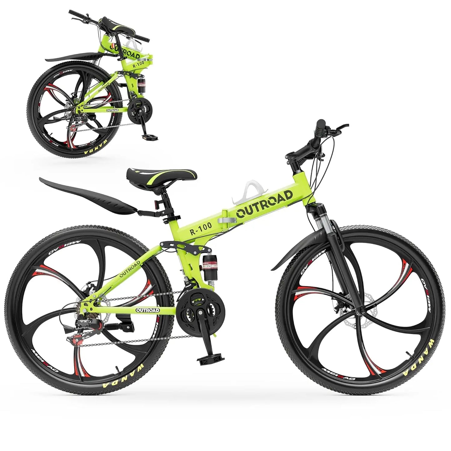 Outroad 26 Inch Folding Mountain Bike, 21 Speed Full Suspension High-Carbon Steel MTB Foldable Bicycle, Dual Disc, Customized
