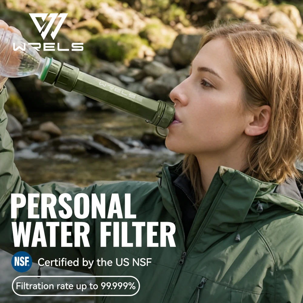 WRELS Outdoor Portable Water Purification Filter Carbon Fiber Water Purifier Hiking Camping Emergency Survival Supplies