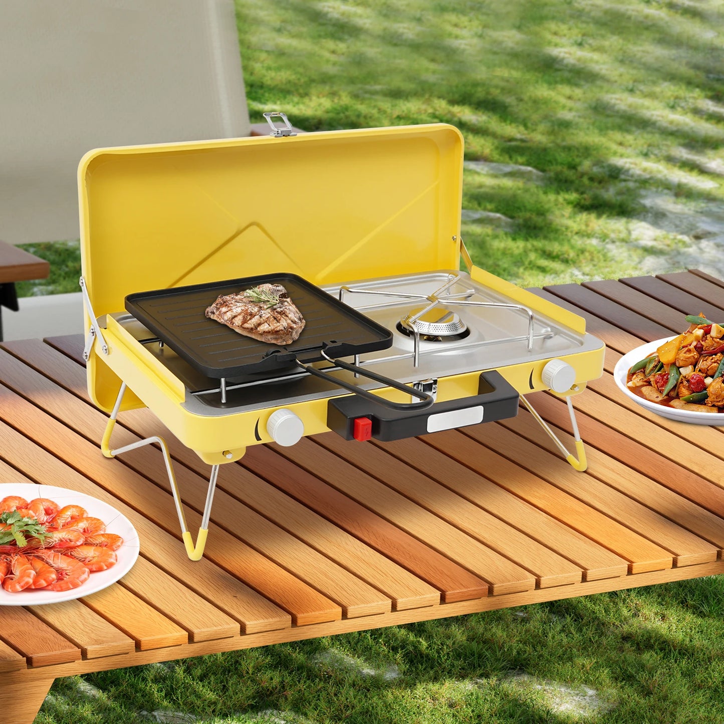 Dual Burner Outdoor Gas Stove 2×3500W Folding Portable Camping Stove Windproof Piezo Ignition Stainless Steel Cooker with Non-stick Tray for Picnic Hiking